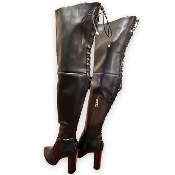Carvela NWT Over The Knee Back Lace-Up Detail Black Faux Leather Heeled Boots 6 - Picture 4 of 16